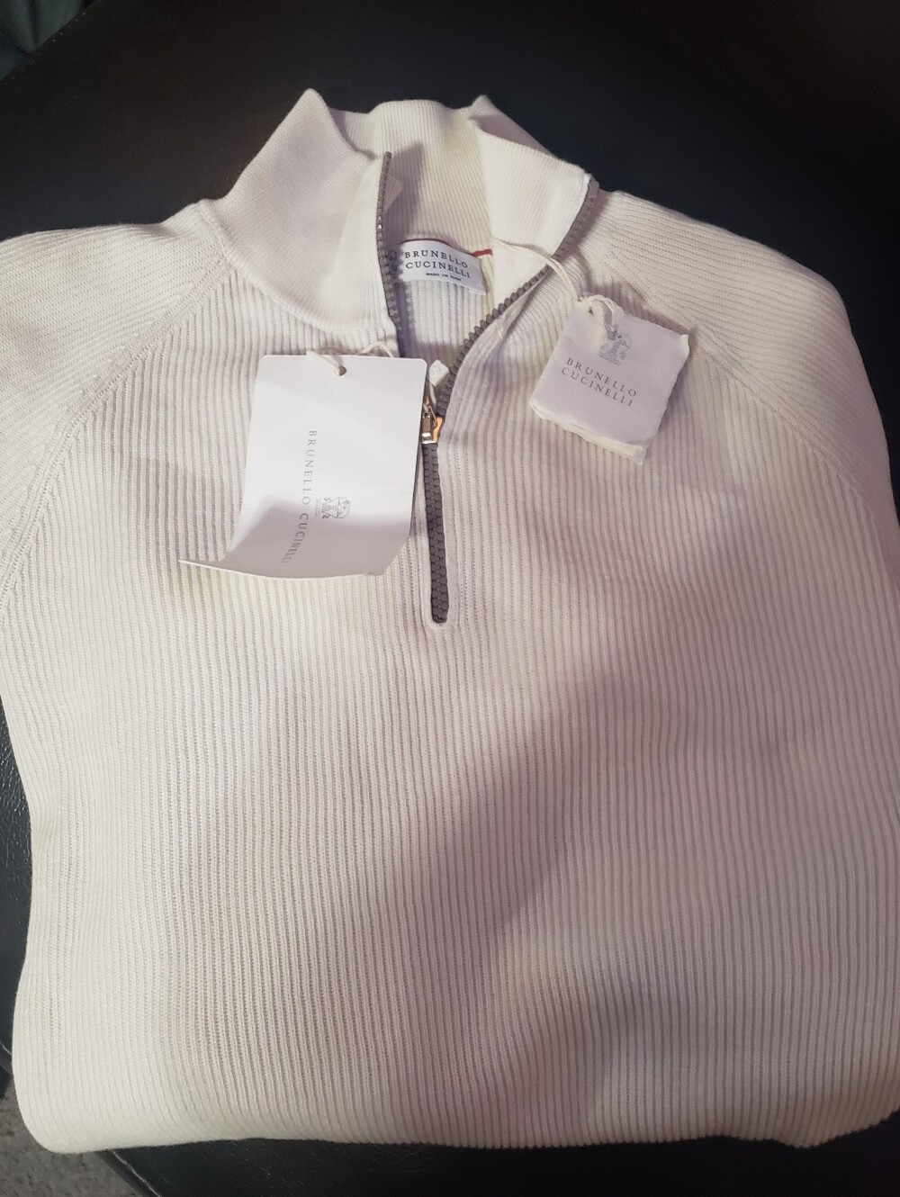 Brunello Cucinelli Cream Ribbed Zip Cardigan with Silver Zip - Picture 3 of 5